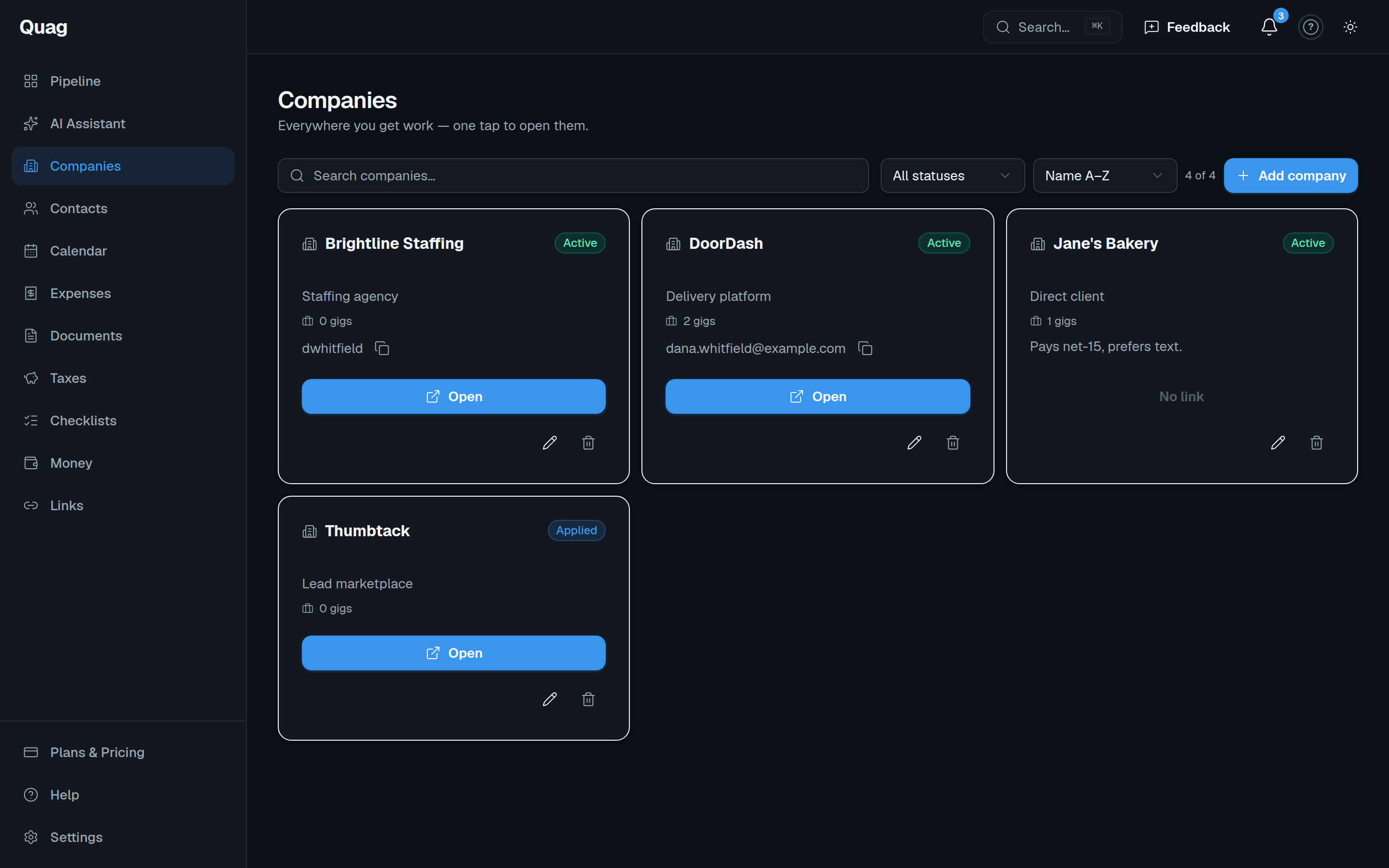 Quag companies — every platform and client with a launch link and status