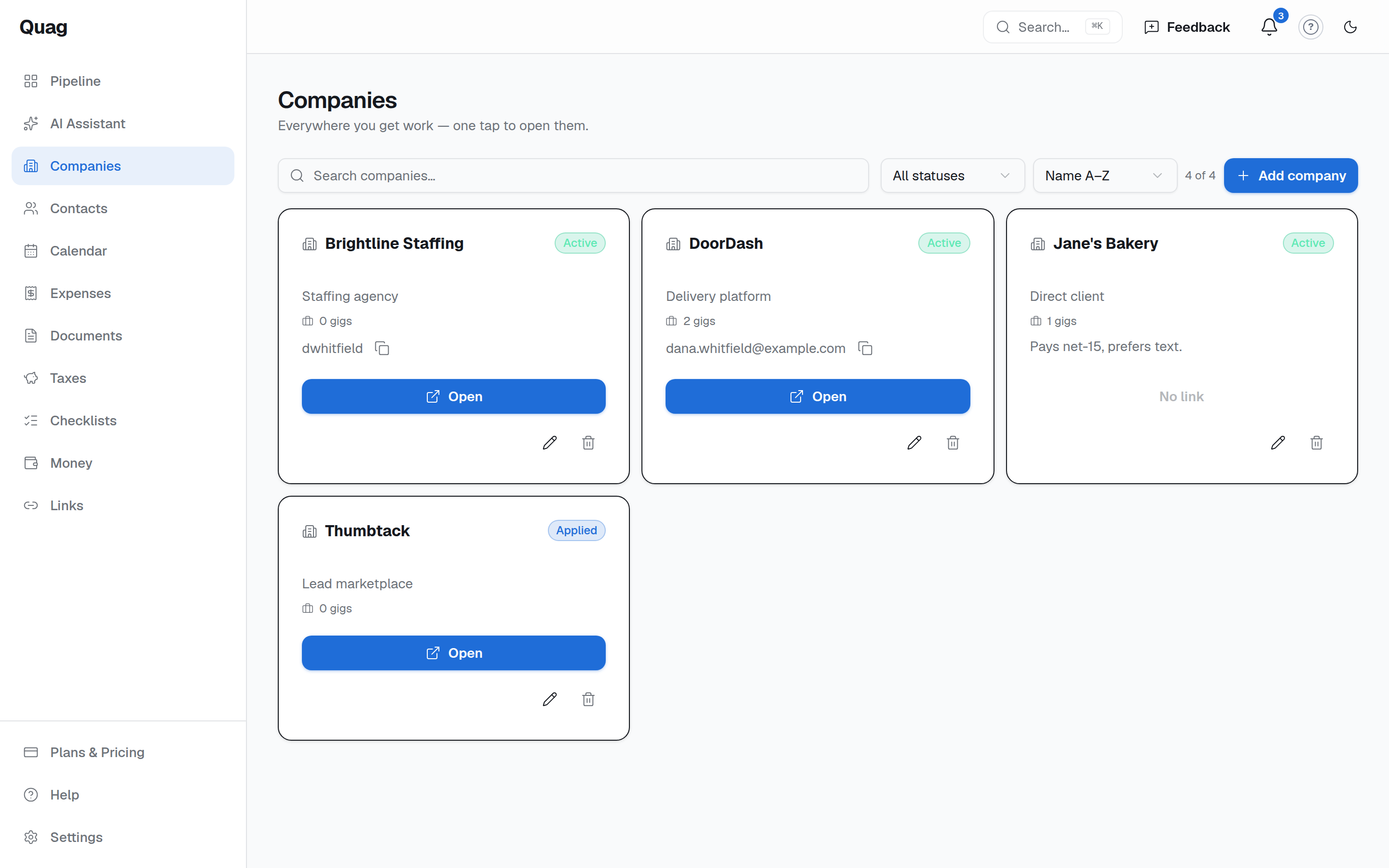 Quag companies — every platform and client with a launch link and status