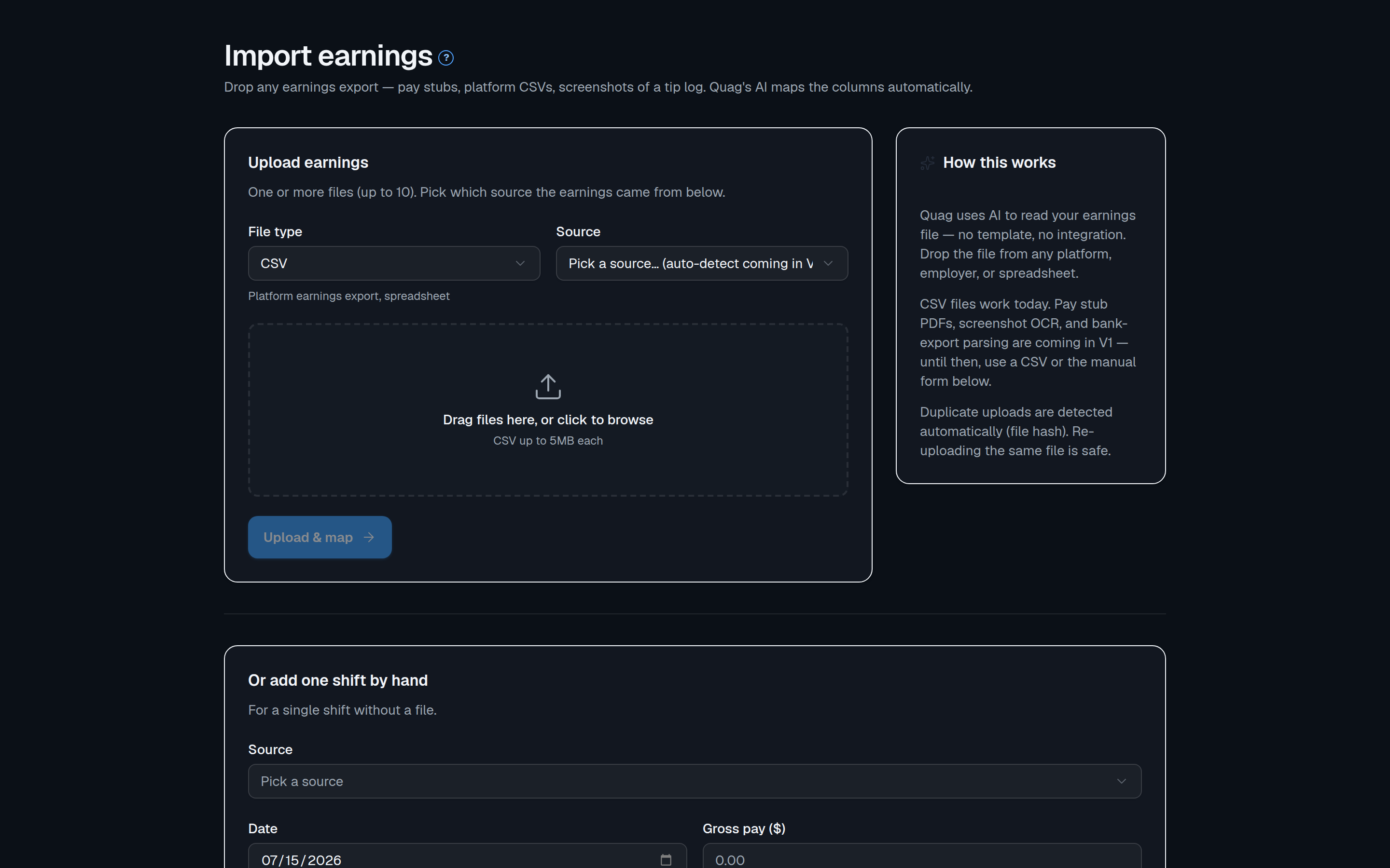 The Import earnings page with a file drop zone and a manual shift form