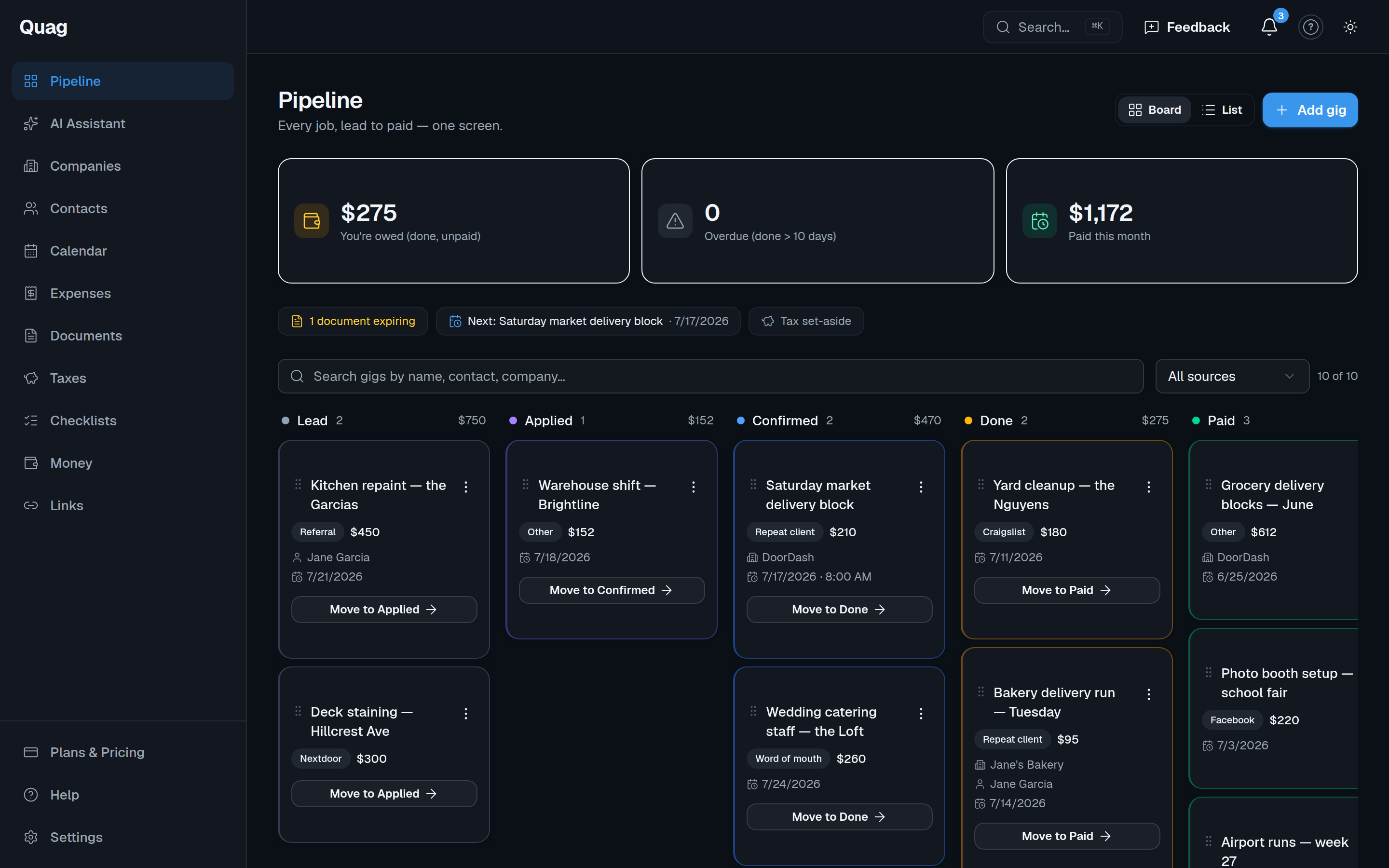 Quag pipeline board — every job from Lead to Paid on one screen