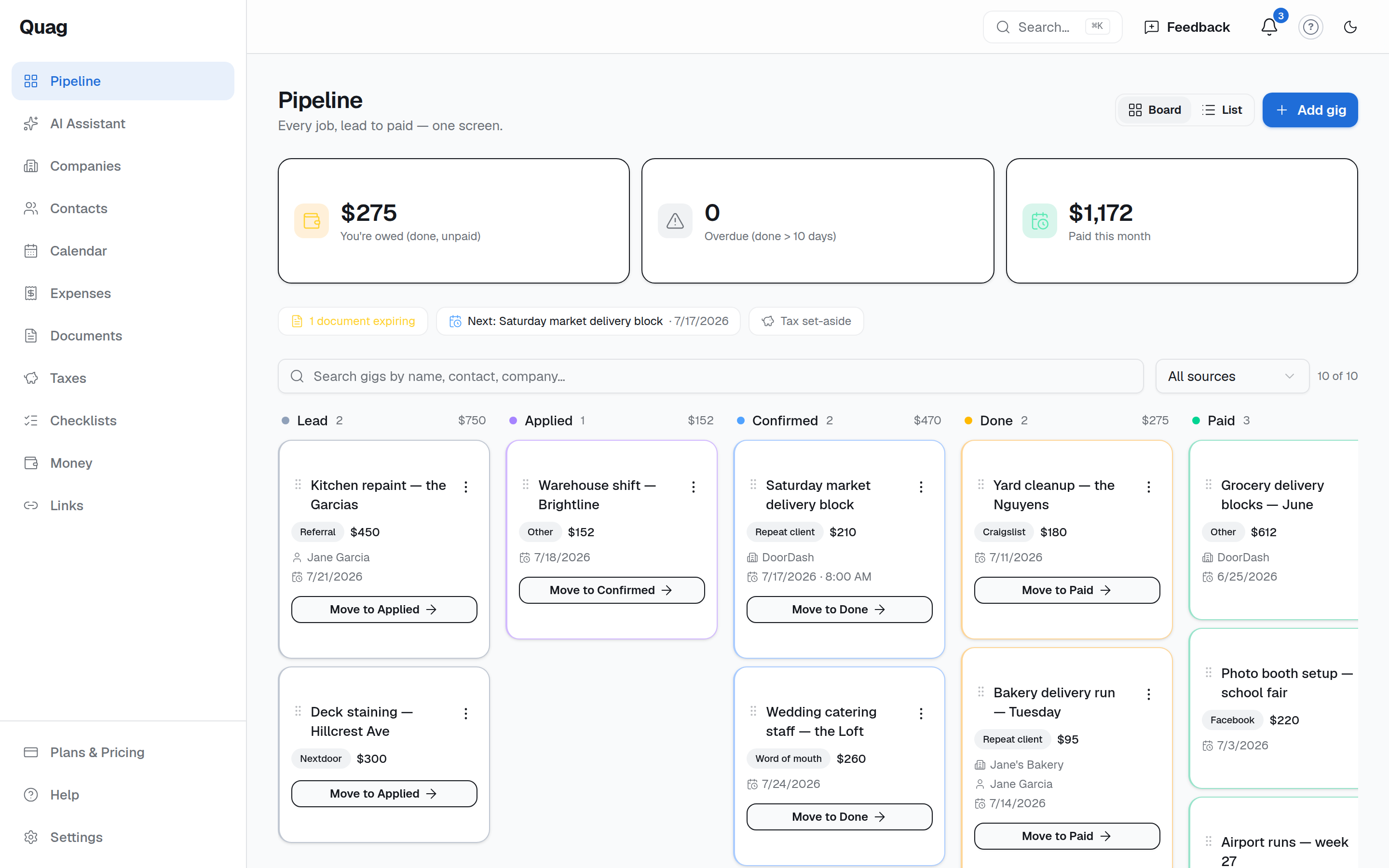 Quag pipeline board — every job from Lead to Paid on one screen